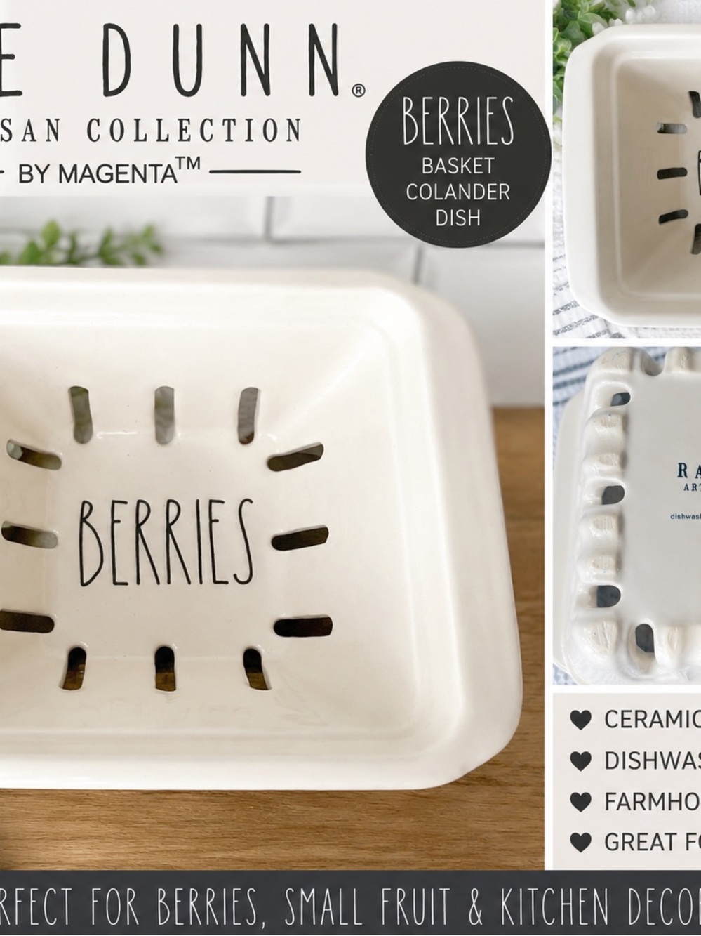 Rae Dunn White Ceramic Berry Basket with Black Lettering